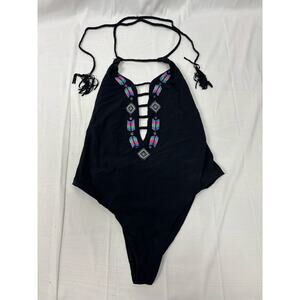 Eco Peace Black One Piece Bathing Suit Boho Beaded Cut Out Halter Women’s Size L
